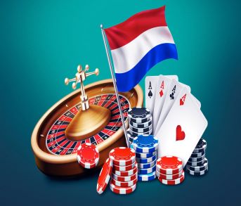 Online Casino Echt Geld - plaatje roulette, speelkaarten , chips en Nederlandse vlag